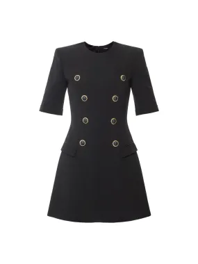 Balmain Women's Short Sleeve Buttoned Crepe Mini Dress - Size 12 Black