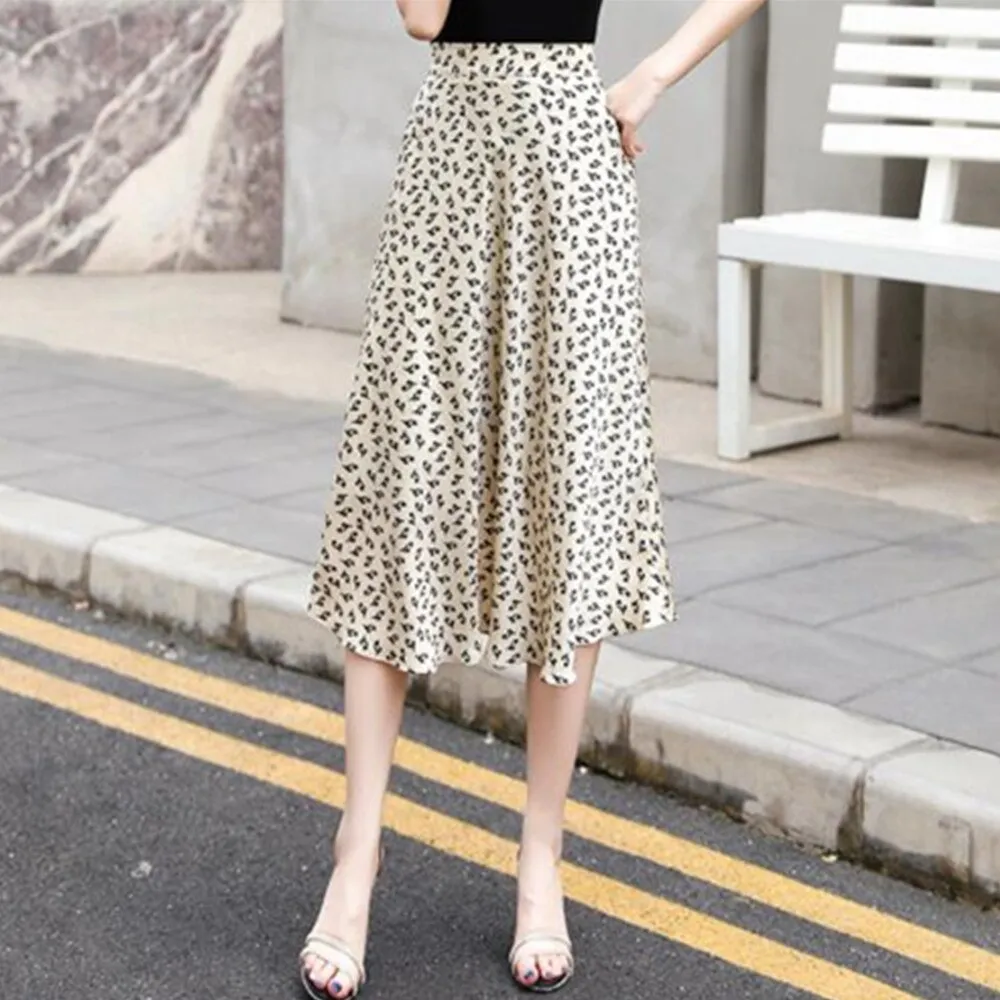 Boho Print Long Women Bottoms High Waist Vintage Ladies Satin Skirt