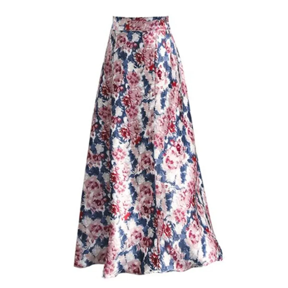 Boho Print Long Women Bottoms High Waist Vintage Ladies Satin Skirt