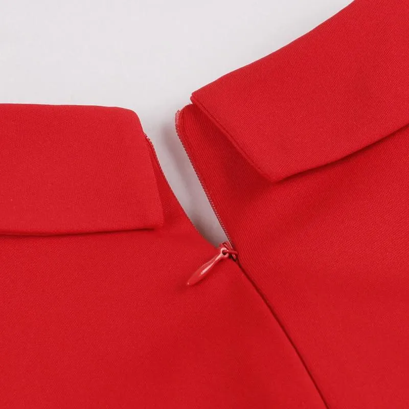 Bow Neck Vintage Style Ruffle Armhole Women Red Dress