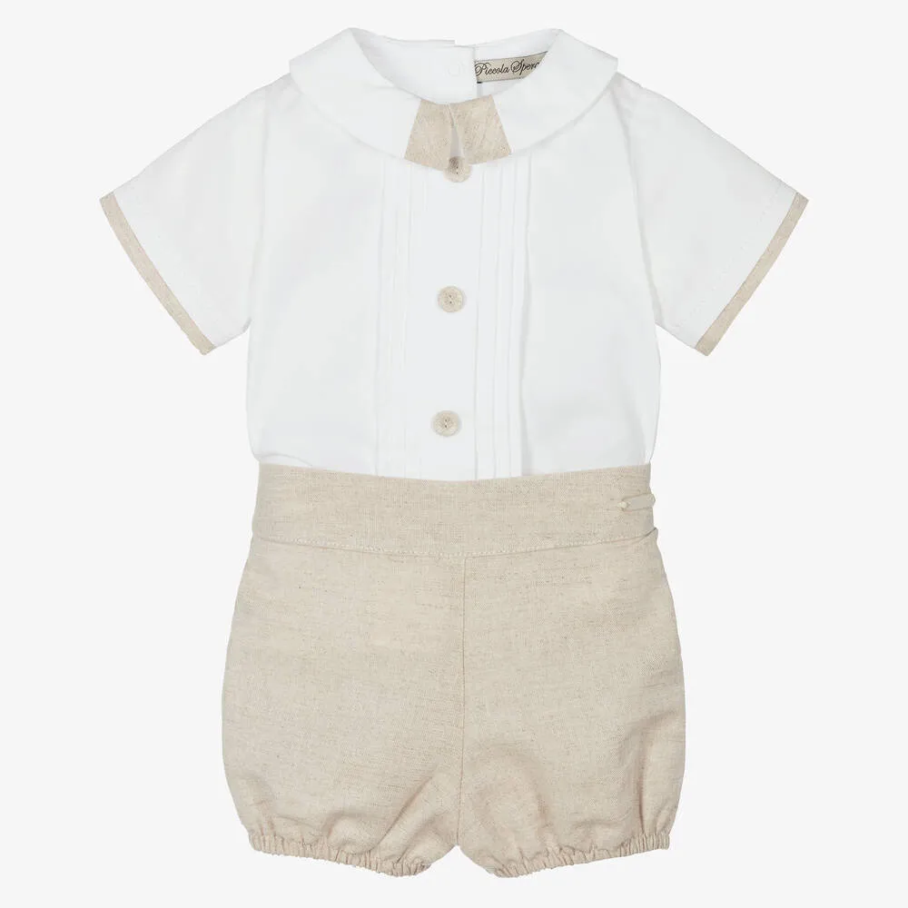 Boys Beige Cotton & Linen Shorts Set