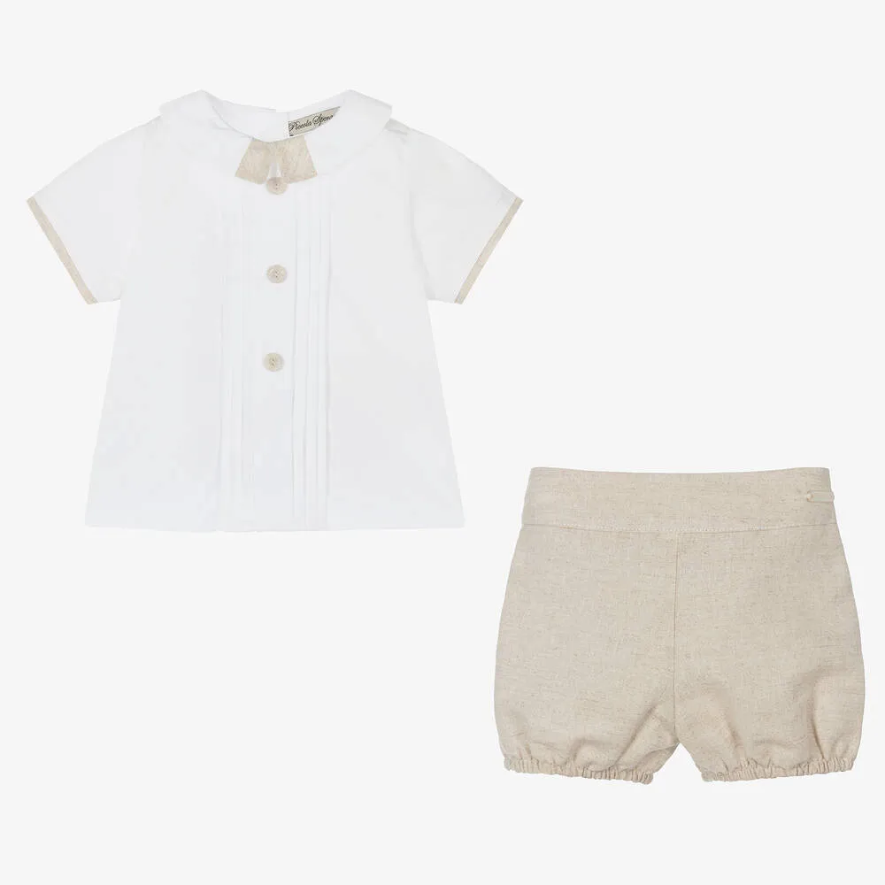 Boys Beige Cotton & Linen Shorts Set