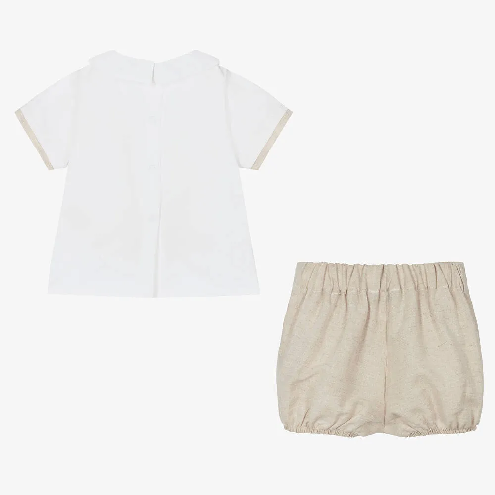 Boys Beige Cotton & Linen Shorts Set