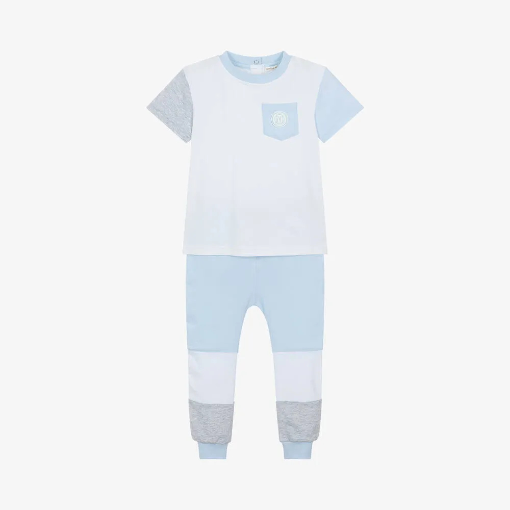 Boys Blue Cotton Colourblock Trouser Set