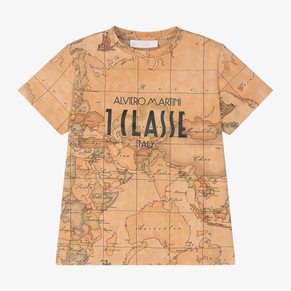 Boys Dark Beige Geo Map Cotton T-Shirt