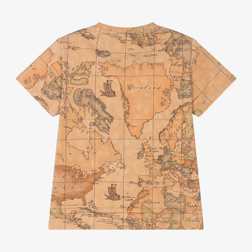 Boys Dark Beige Geo Map Cotton T-Shirt