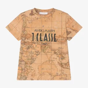 Boys Dark Beige Geo Map Cotton T-Shirt