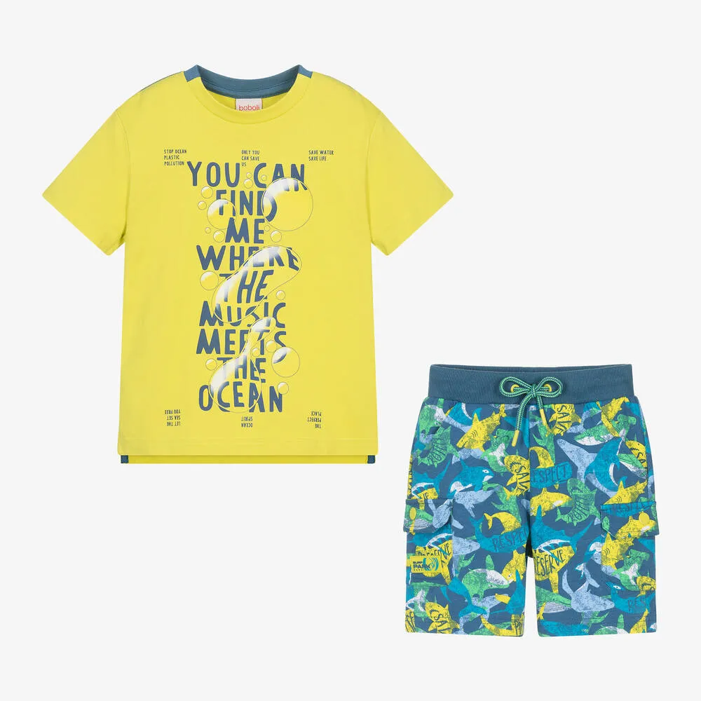 Boys Green & Blue Cotton Shorts Set