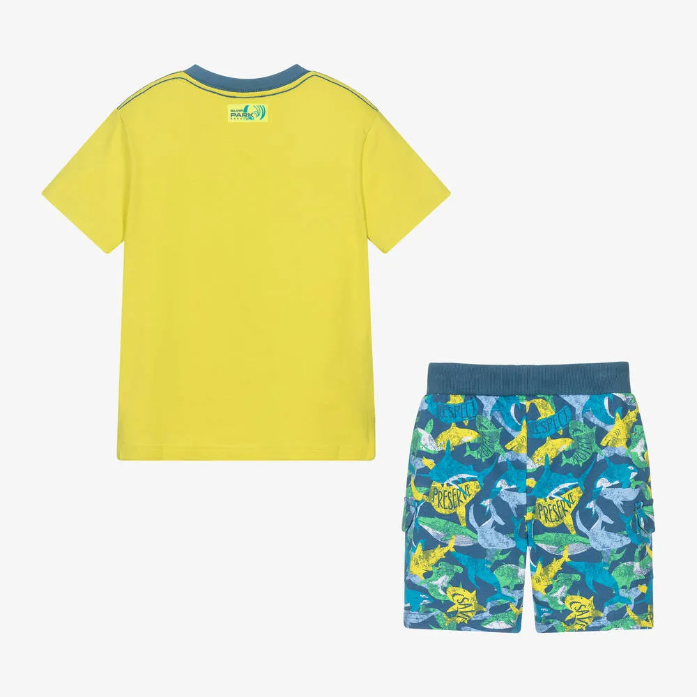 Boys Green & Blue Cotton Shorts Set