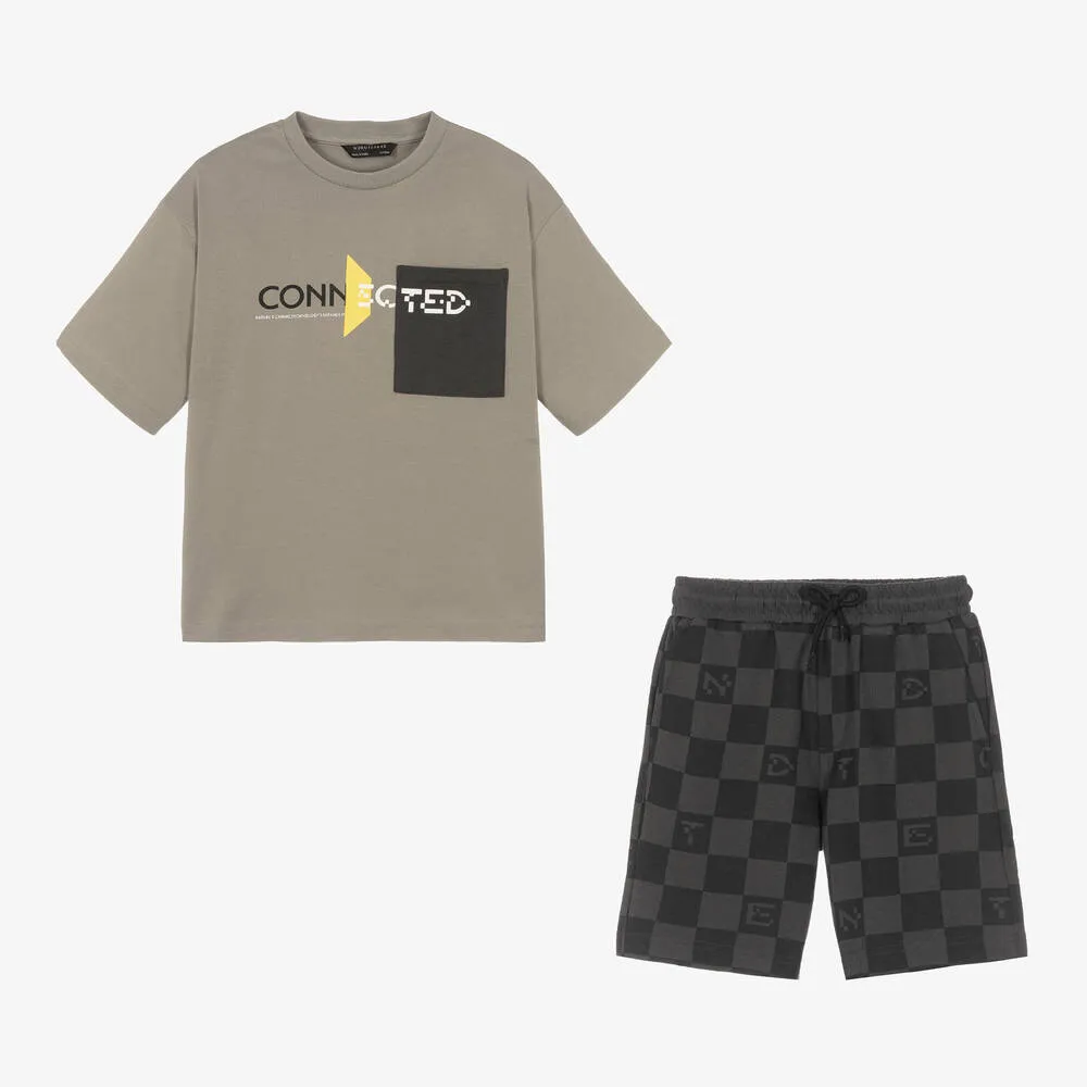 Boys Grey & Black Cotton Shorts Set