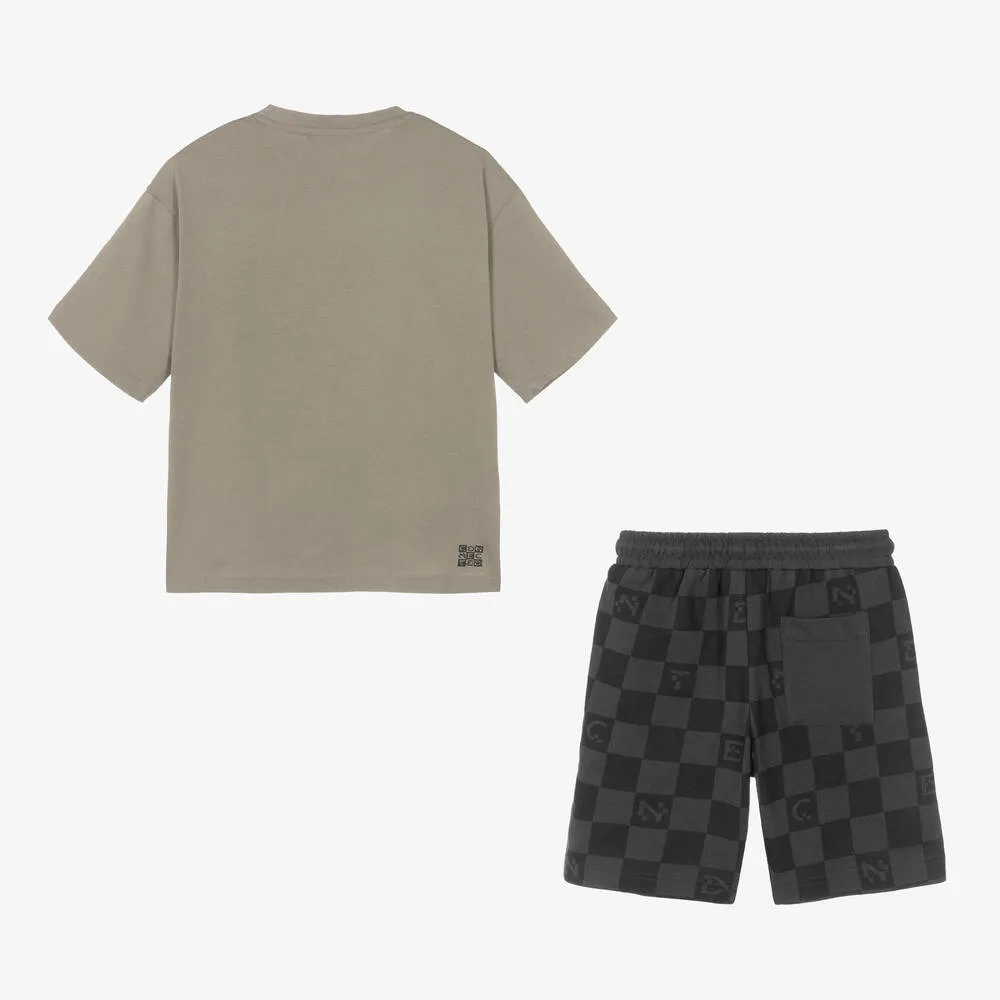 Boys Grey & Black Cotton Shorts Set