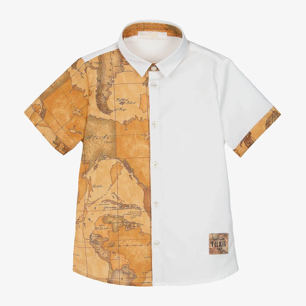 Boys White & Geo Map Cotton Shirt