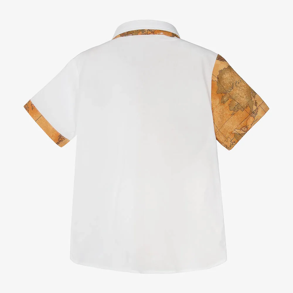 Boys White & Geo Map Cotton Shirt