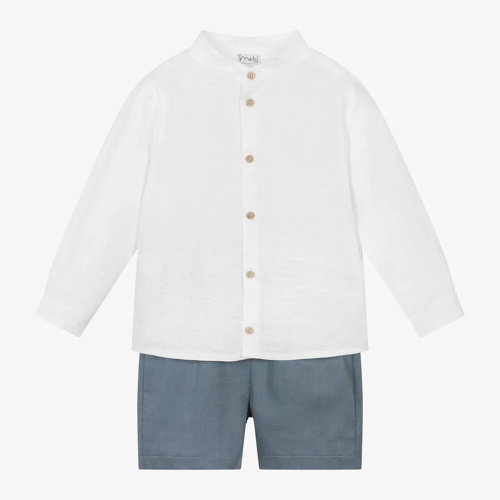 Boys White Cotton & Linen Shorts Set