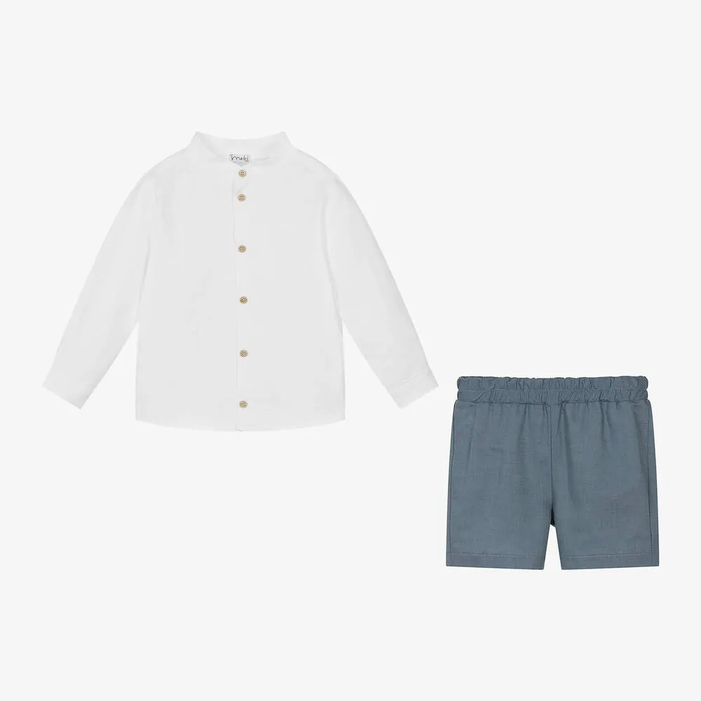 Boys White Cotton & Linen Shorts Set