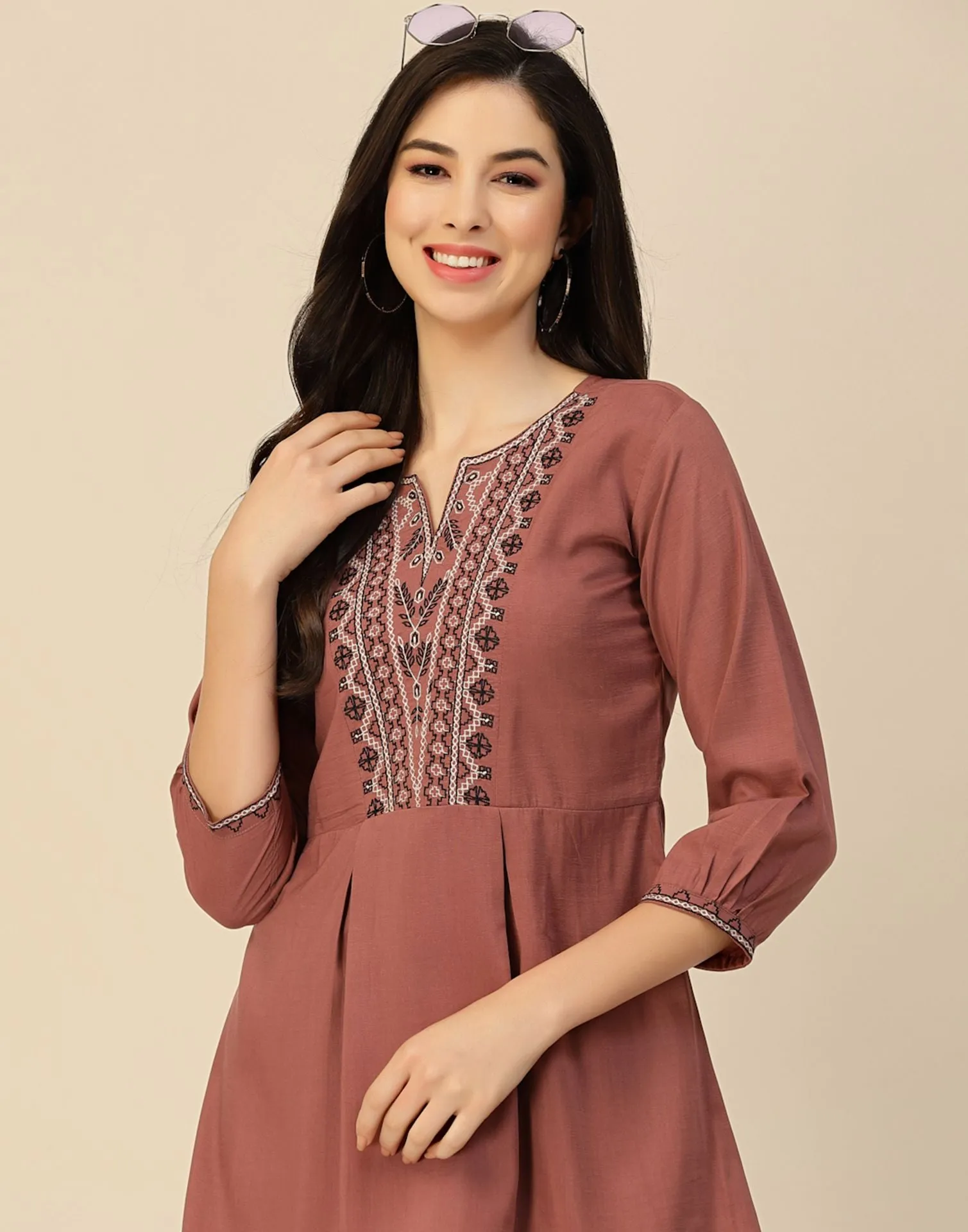 Brown Rayon Embroidery Tunic Short Kurta