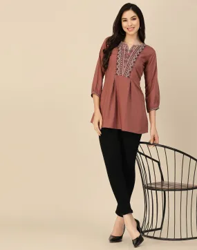 Brown Rayon Embroidery Tunic Short Kurta