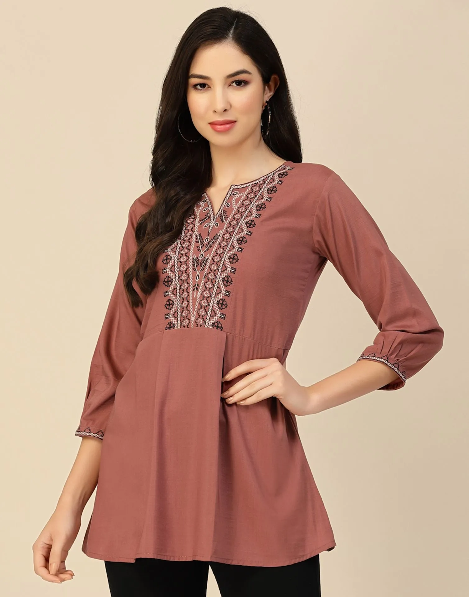 Brown Rayon Embroidery Tunic Short Kurta