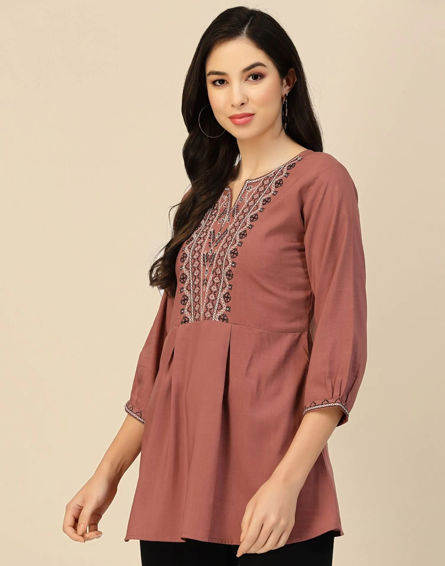 Brown Rayon Embroidery Tunic Short Kurta