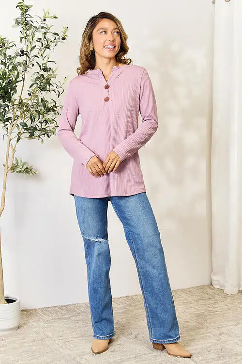 Celeste Full Size Texture Half Button Long Sleeve Blouse