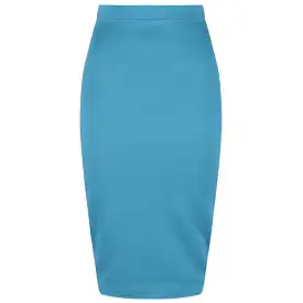 Classic Blue Stretch Pencil Bodycon Midi Office Work Skirt