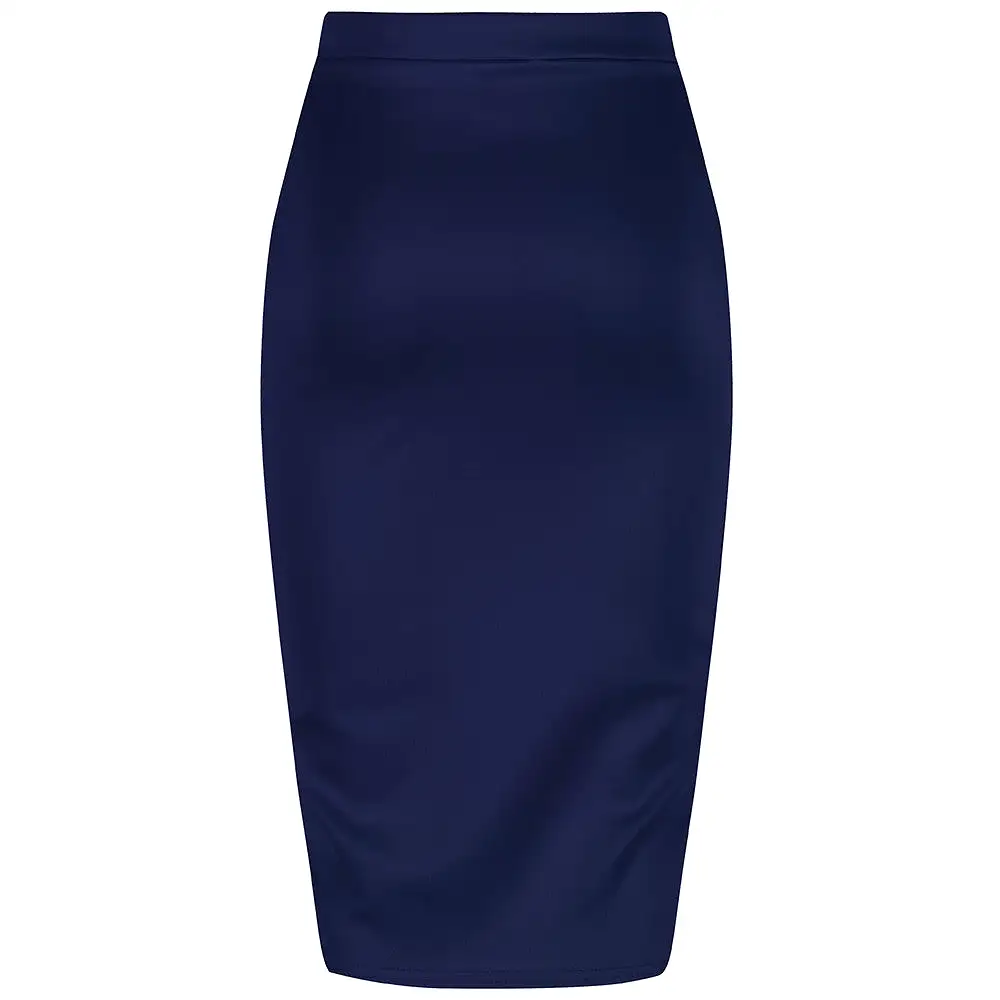 Classic Navy Stretch Pencil Bodycon Midi Office Work Skirt