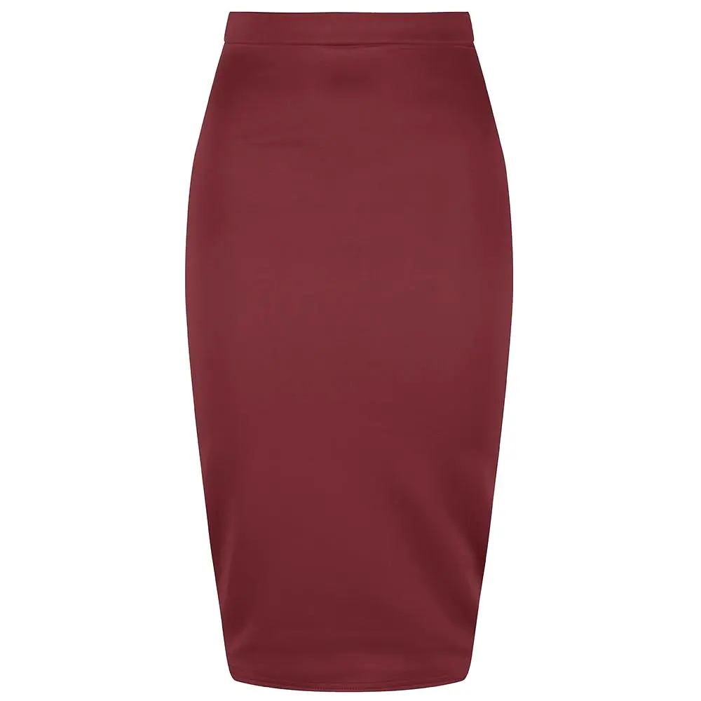 Classic Stretch Burgundy Wine Pencil Bodycon Midi Work Office Skirt