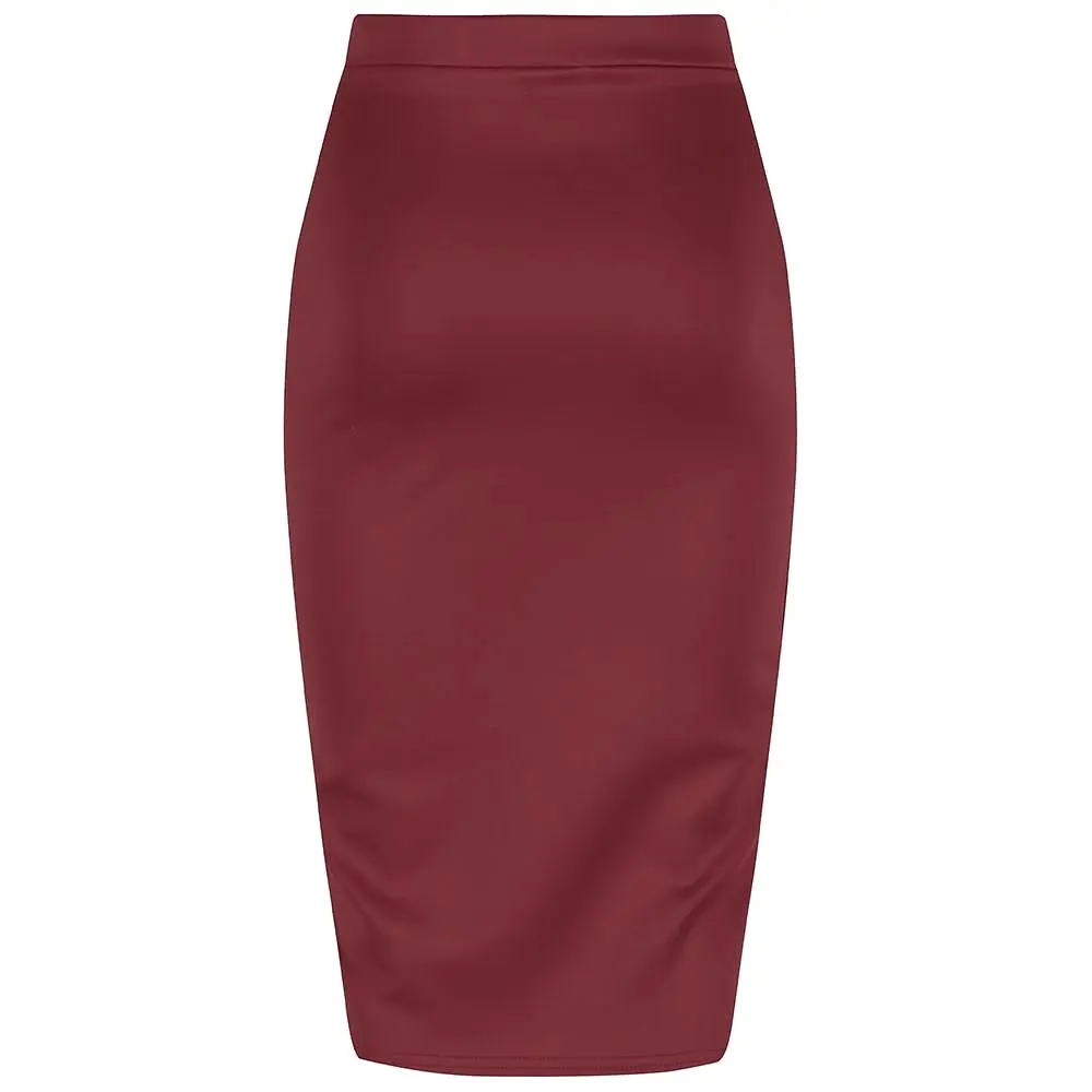 Classic Stretch Burgundy Wine Pencil Bodycon Midi Work Office Skirt