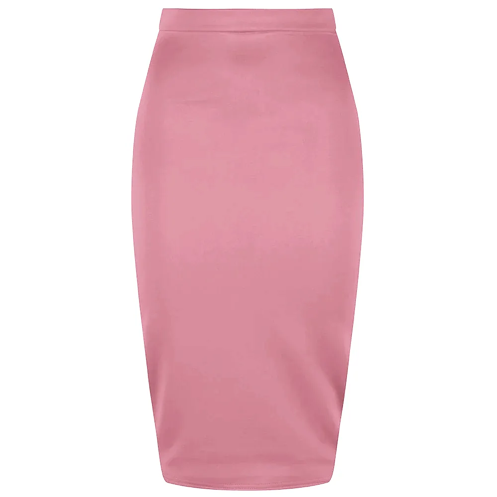 Classic Stretch Dusky Pink Purple Pencil Bodycon Midi Office Work Skirt