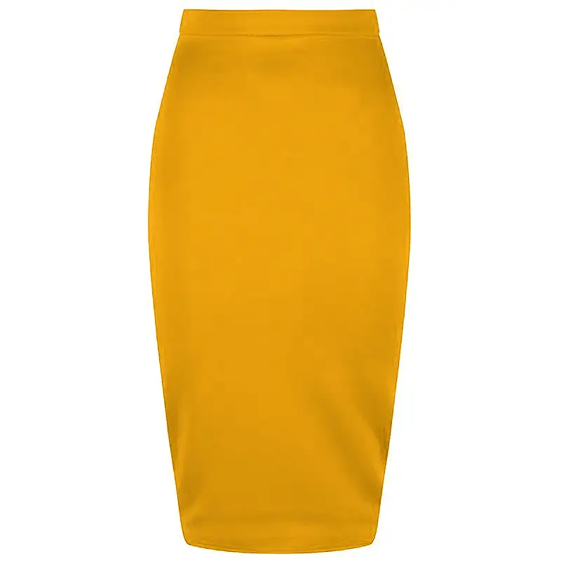 Classic Stretch Honey Yellow Pencil Bodycon Midi Office Work Skirt