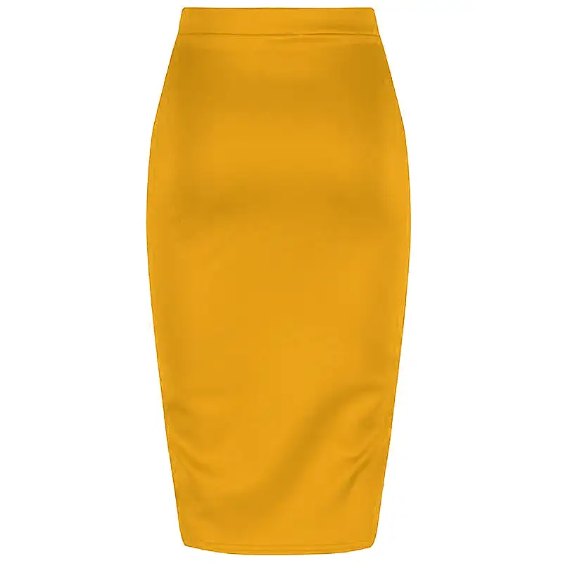 Classic Stretch Honey Yellow Pencil Bodycon Midi Office Work Skirt