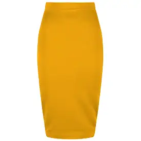 Classic Stretch Honey Yellow Pencil Bodycon Midi Office Work Skirt