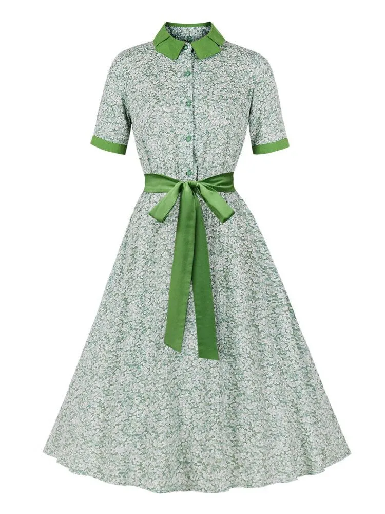 Contrast Collar and Cuff Button Up Floral Elegant Sash Midi Women Elastic Waist A-Line Vintage Dress