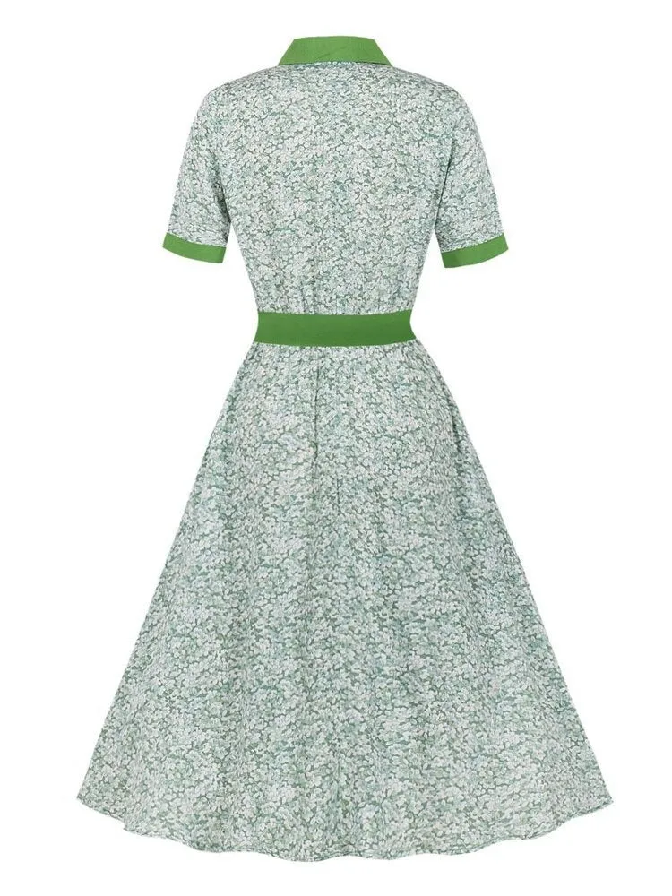 Contrast Collar and Cuff Button Up Floral Elegant Sash Midi Women Elastic Waist A-Line Vintage Dress