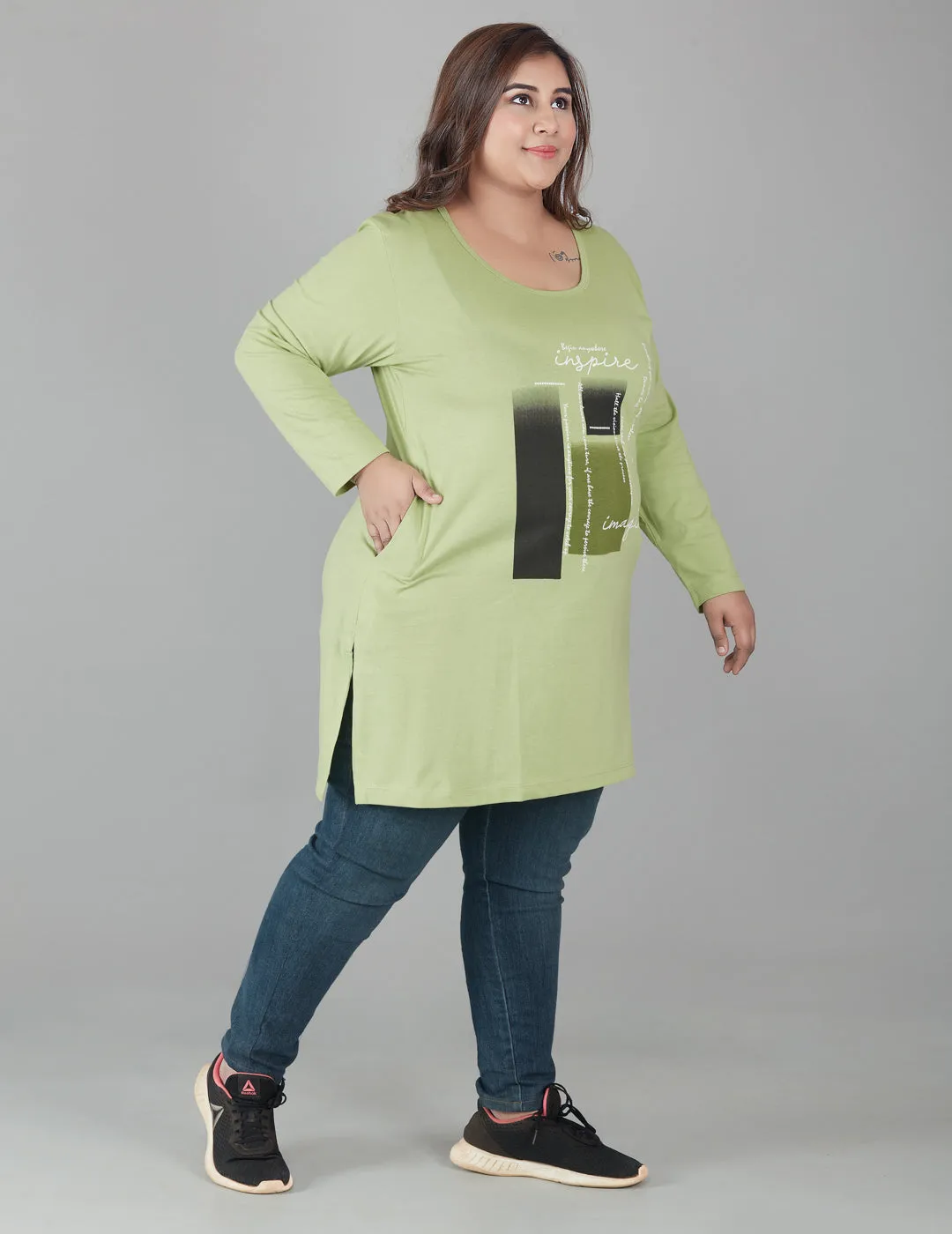 Cotton Long Top for Women Plus Size - Full Sleeve - Green