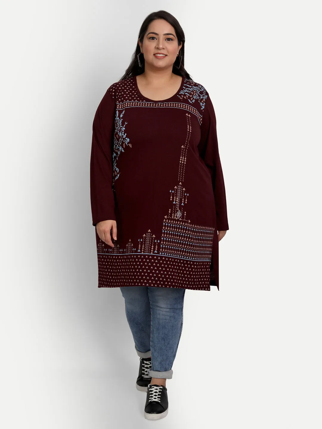 Cotton Long Top for Women Plus Size - Full Sleeve - Wine