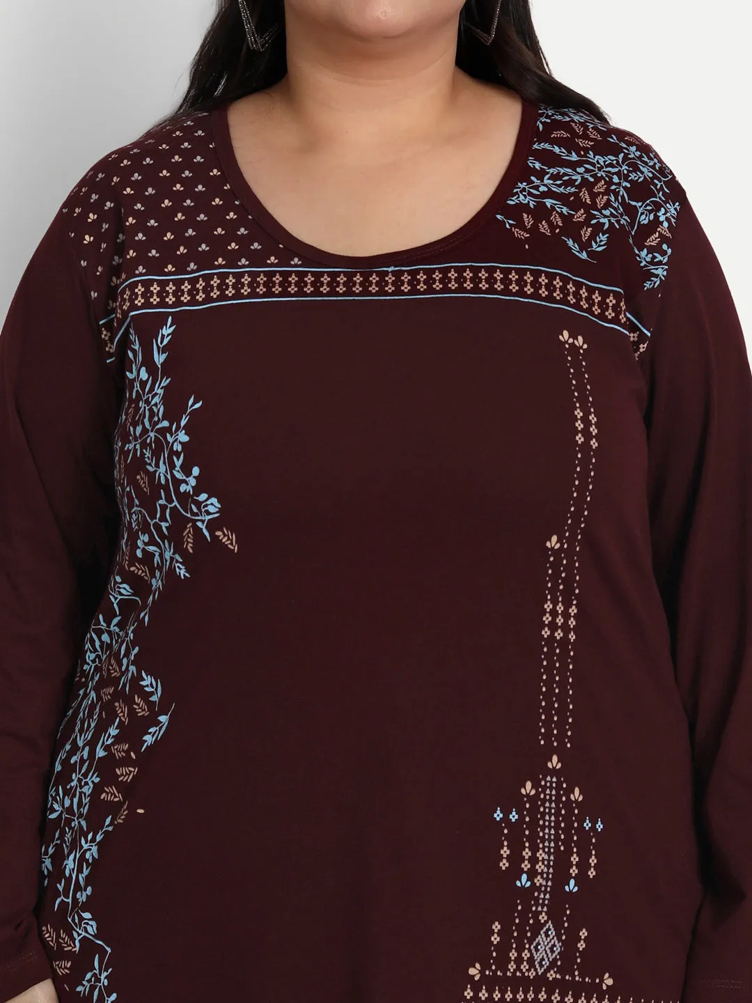 Cotton Long Top for Women Plus Size - Full Sleeve - Wine