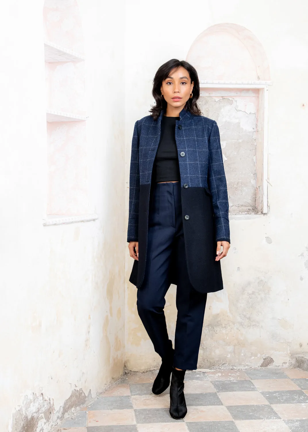 Eileen Tweed Coat - Navy Check & Melton