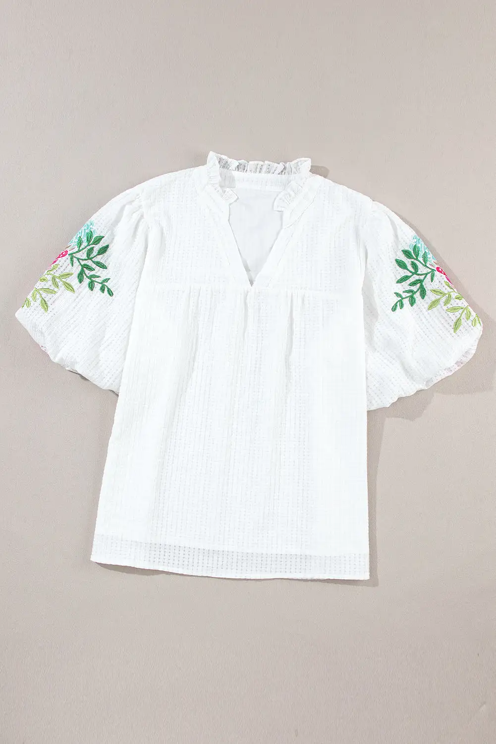 Embroidered Notched Half Sleeve Blouse