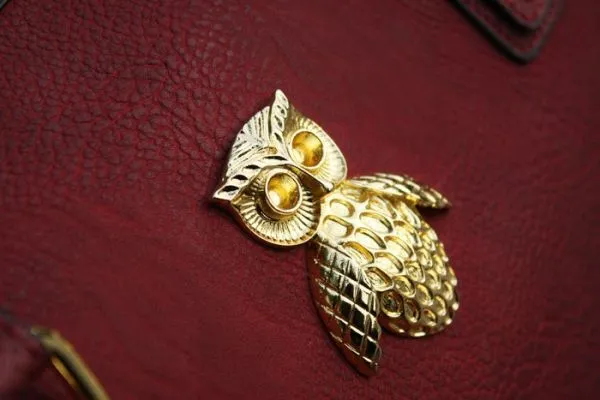 Faux leather handbag Retro Vintage Style for women Gold Owl badge