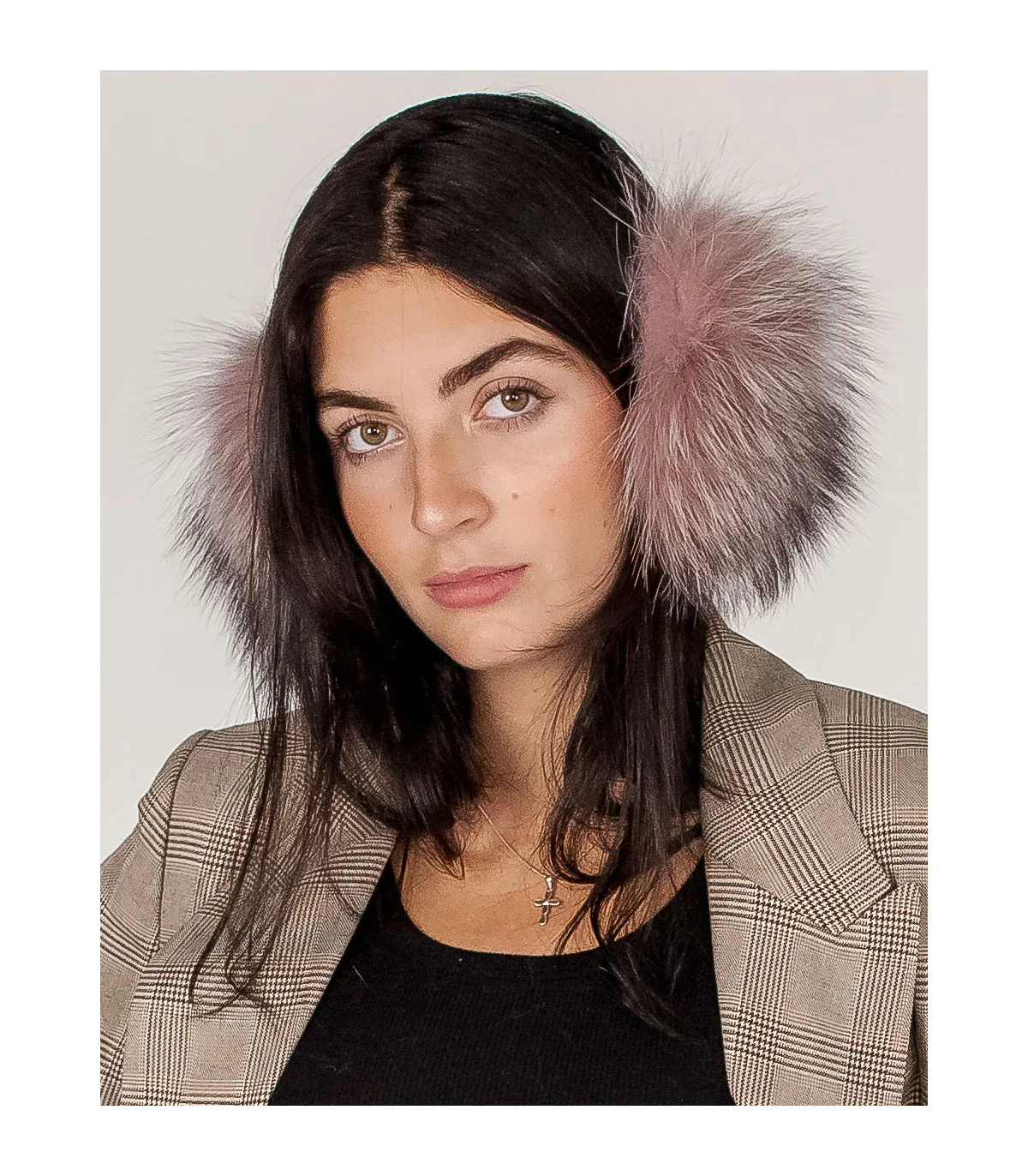 Fox Fur Earmuffs in Pink Indigo at FurHatWorld.com