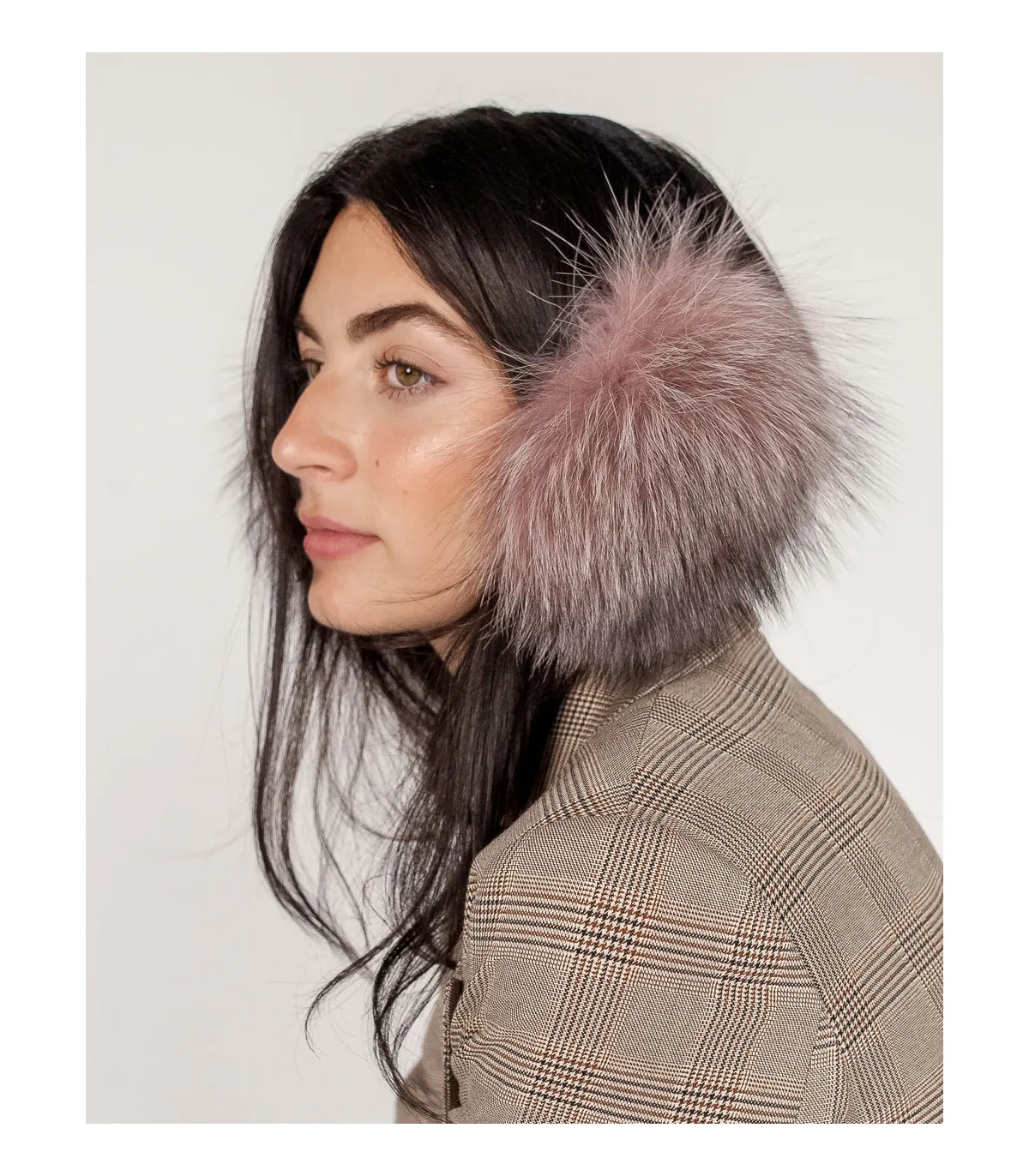 Fox Fur Earmuffs in Pink Indigo at FurHatWorld.com