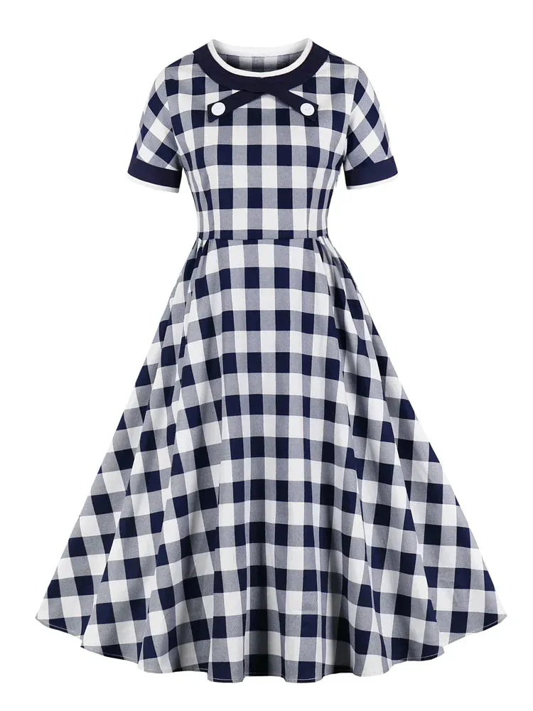 Gingham Print Rockabilly Vintage Cotton Long Dresses for Women O-Neck Short Sleeve Elegant Plaid Robe Midi Dress