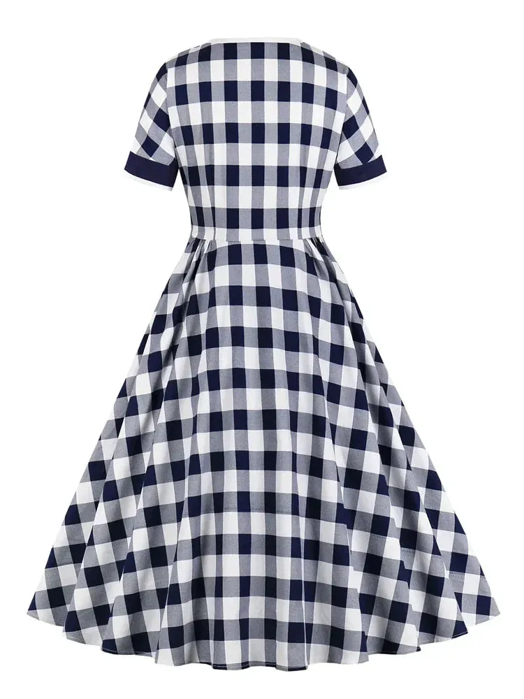 Gingham Print Rockabilly Vintage Cotton Long Dresses for Women O-Neck Short Sleeve Elegant Plaid Robe Midi Dress