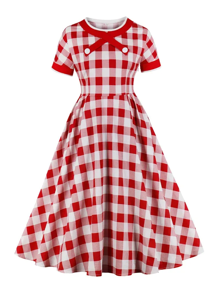 Gingham Print Rockabilly Vintage Cotton Long Dresses for Women O-Neck Short Sleeve Elegant Plaid Robe Midi Dress