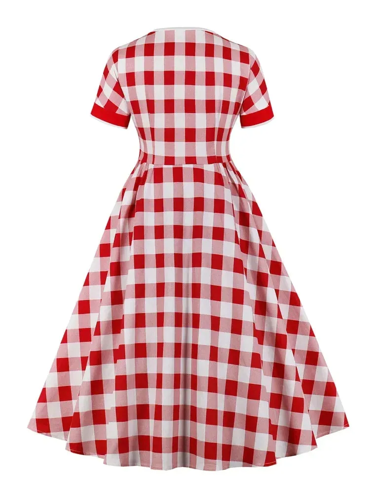 Gingham Print Rockabilly Vintage Cotton Long Dresses for Women O-Neck Short Sleeve Elegant Plaid Robe Midi Dress