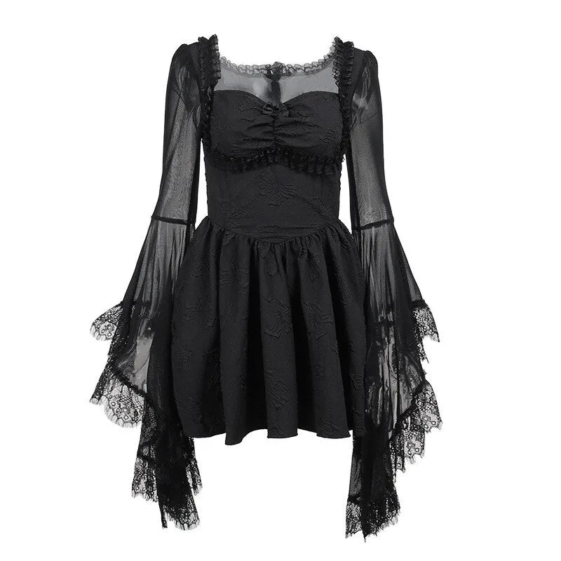 Gothic Lace Long Flare Bell Sleeve Women Vintage V Neck Hem A Line Short Retro Cocktail Party Swing Dress