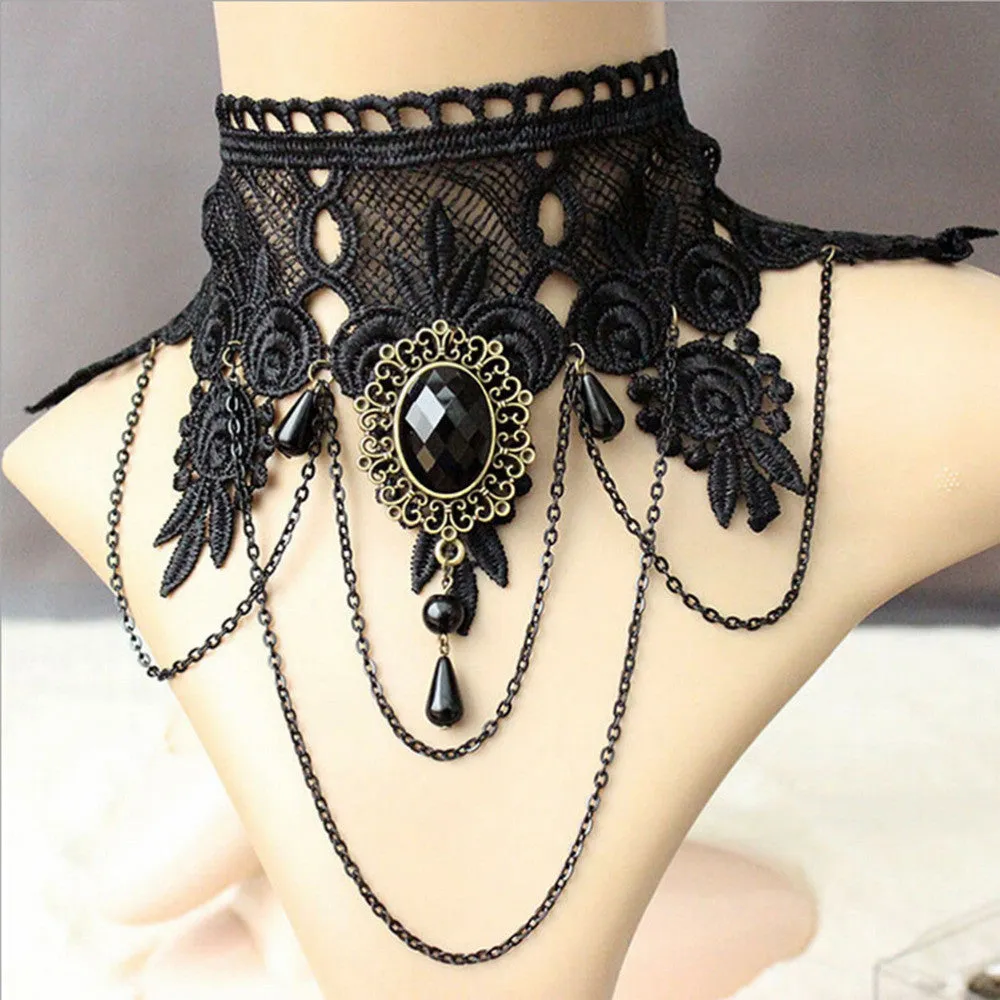 Gothic Tattoo Tassel Lace Necklace Pendant Vintage Wedding Jewelry Choker Necklace Women False Collar Statement SM6