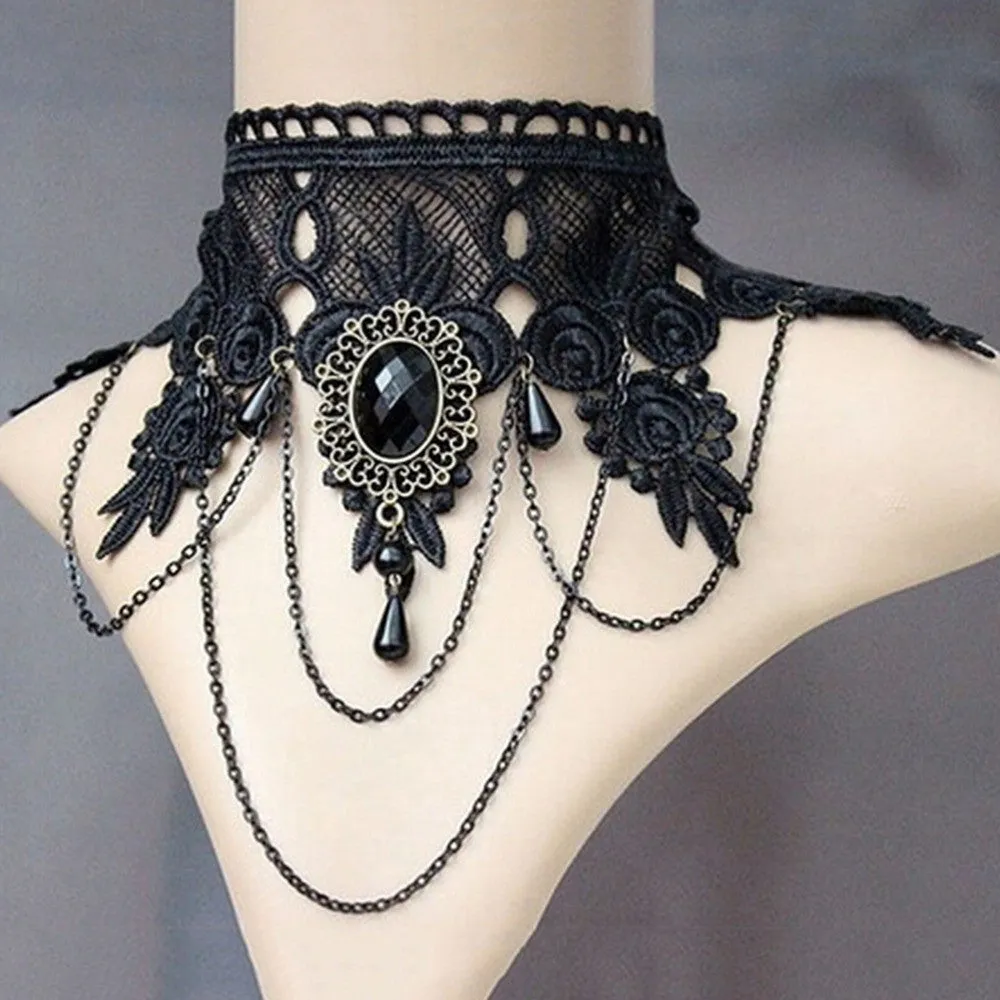 Gothic Tattoo Tassel Lace Necklace Pendant Vintage Wedding Jewelry Choker Necklace Women False Collar Statement SM6