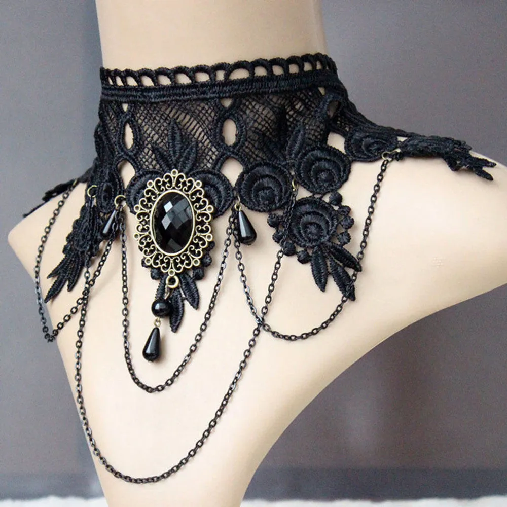 Gothic Tattoo Tassel Lace Necklace Pendant Vintage Wedding Jewelry Choker Necklace Women False Collar Statement SM6